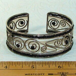 Vintage Silver Twisted Wire & Black Bead Cuff BRACELET, Spirals & Swirls G25L